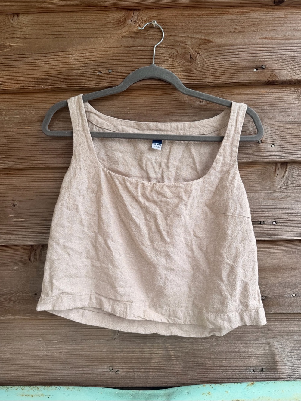 Linen Blend Cropped Square-Neck Tank Top in Light Beige
